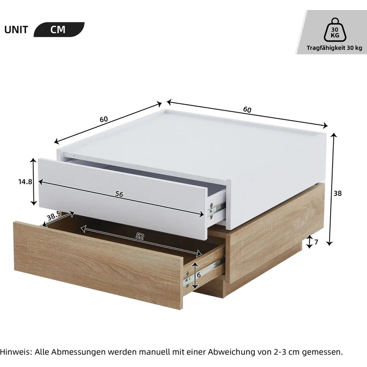 Couchtisch mit Aufbewahrungsschublade, drehbare Tischplatte, modernes Design Weiß & Walnuss, quadratischer Wohnzimmertisch – Bild 8