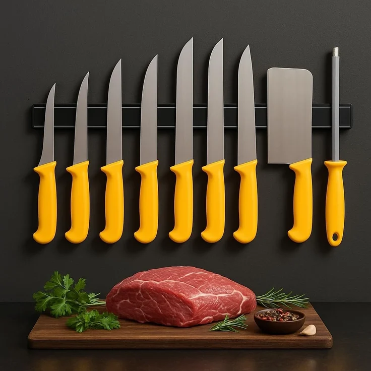 HOOZ Messer-Set Profi Fleischermesser 10-teilig mit Wetzstahl Ausbeinmesser Hackbeil (10-tlg), Magnetstreifen für ordentliche und griffbereite Aufbewahrung – Bild 3