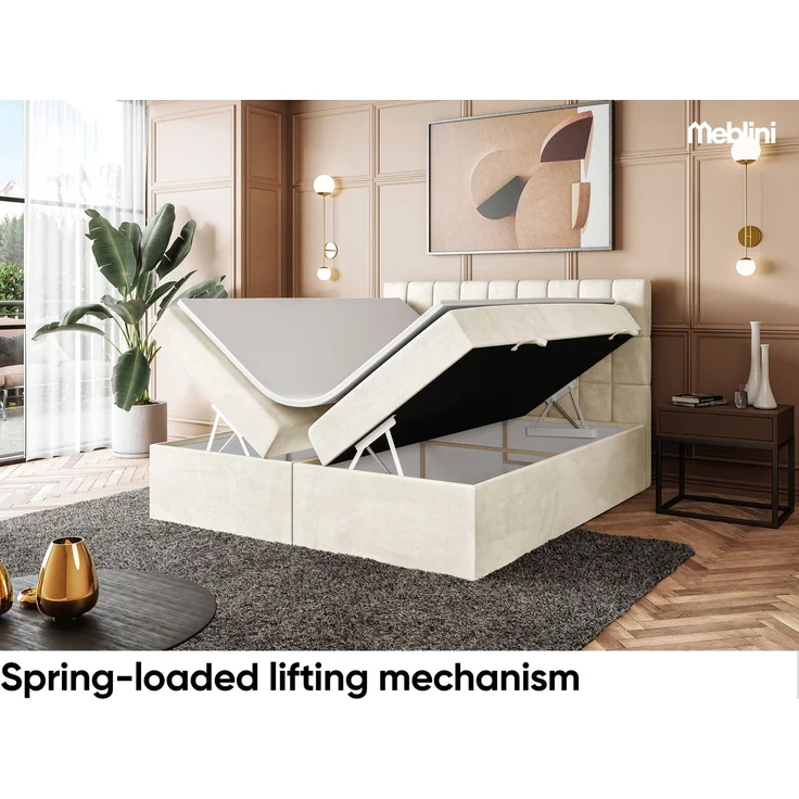 MEBLINI Boxspringbett LUKAS 200x200cm - H3/Creme Samt - mit Bettkasten - Polsterbett - Doppelbett mit Topper & Taschenfederkern-Matratze – Bild 4