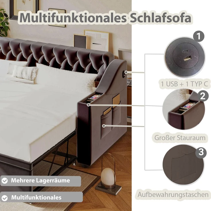 Schlafsofa Polsterbett, 2-Sitzer auf 90/180 x 190 cm erweiterbar, mit breiten und dicken Armlehnen, USB-Ladeanschluss, integrierte Ablage in Armlehnen, Ablagetaschen, mit Lattenrost, Samtstoff, dunkelgrau, 90/180 x 190 cm – Bild 4