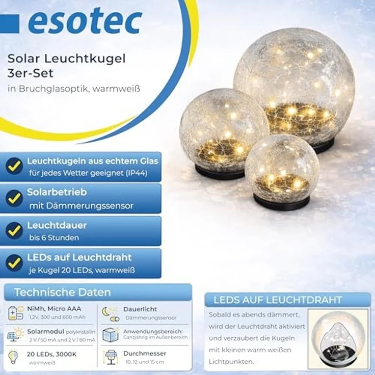 esotec LED Kugelleuchte Echtglas Leuchtkugeln GOLDEN BALLS D=15+12+10cm 3000K warmweiß 102088 – Bild 3