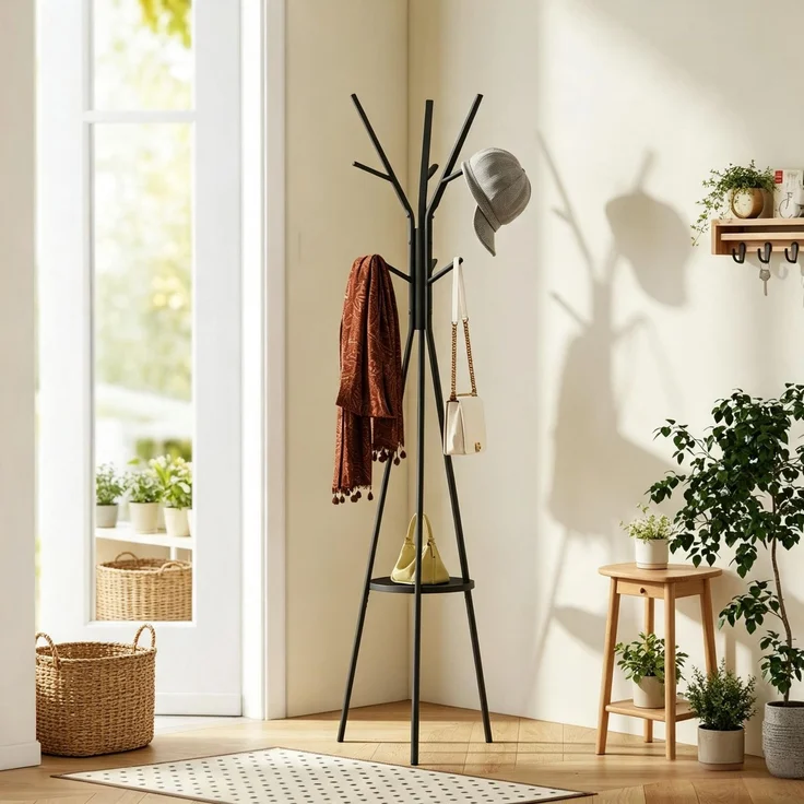 Garderobenständer 45x45x180 cm in Schwarz mit 9 Haken und MDF-Ablage – Bild 2