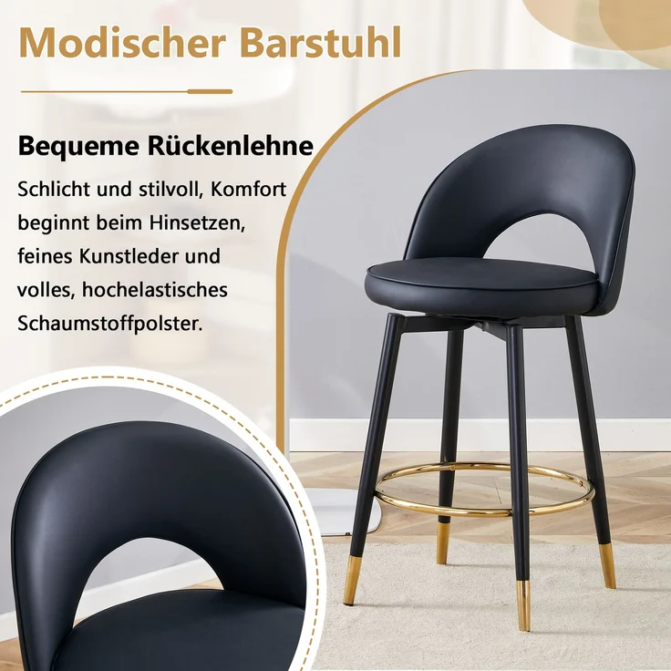 360° drehbarer Barhocker, Komplett in Schwarz gehalten, Sitzkissen aus PU-Material, komfortabler gepolsterter Barhocker, geeignet für Bars, Esszimmer, Küchen, Terrassen usw, Eine Box mit 2 Stück.--Schwarz--44x44x91.5cm--YOUDENOVA – Bild 7