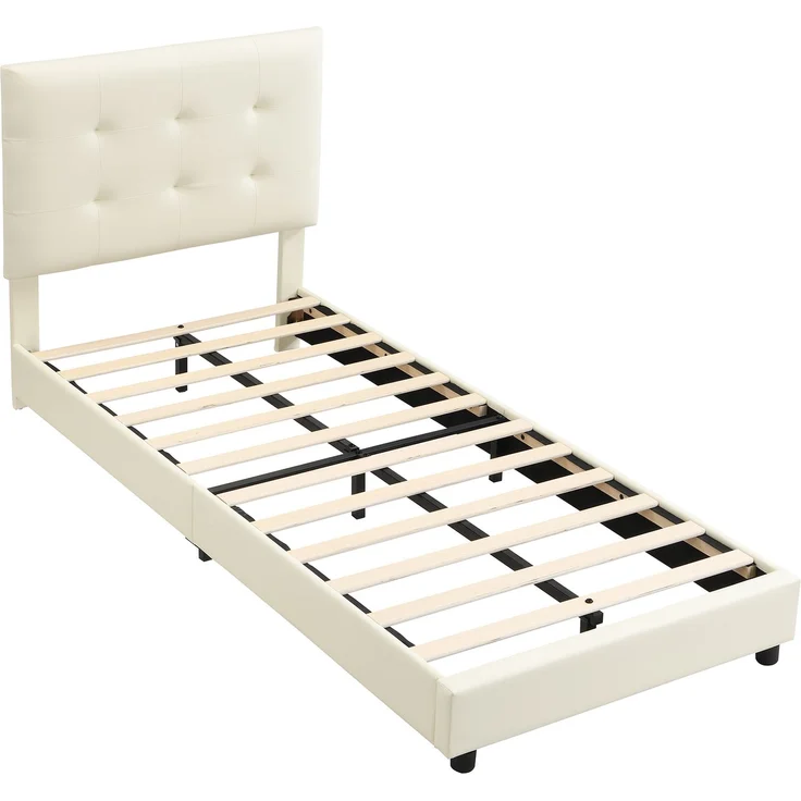 Merax Polsterbett, 90 x 200cm Einzelbett, Kinderbett, Weiche Kopfteil-Rückenlehne und Antikollisions-Schwammkante, Keksförmiges Kopfteil, Beige – Bild 7