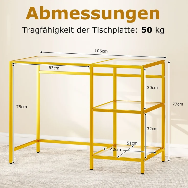 Schreibtisch Computertisch mit gehärtete Glasplatte Schutzglasständer Golden SH975 – Bild 2