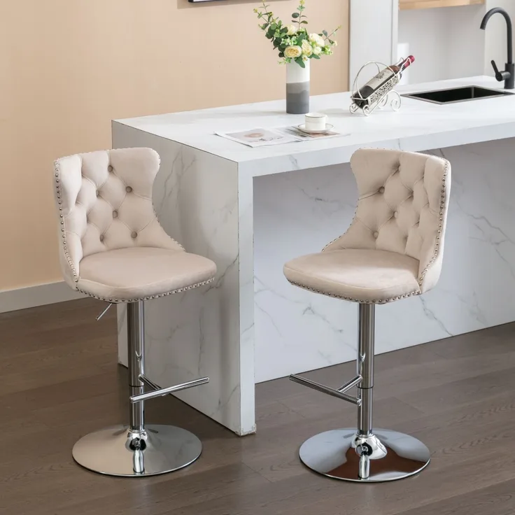 Swivel Velvet Barstools Adjustable Seat Height from 25-33 Inch, Chrome base Bar Stools with Backs Comfortable Tufted for Home Pub and Kitchen Island, Set of 2,DE1712BG,Beige--Beige--46x46x115cm--YOUDENOVA