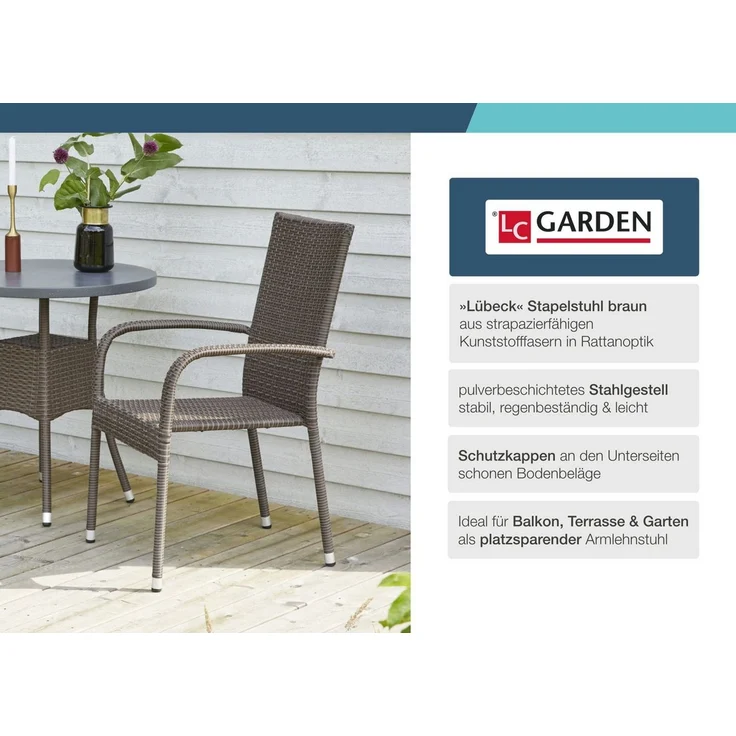 LC Garden Stapelstuhl LC Garden »Lübeck« 4er Set Stapelstuhl braun Armlehnstuhl Balkonstuhl – Bild 3
