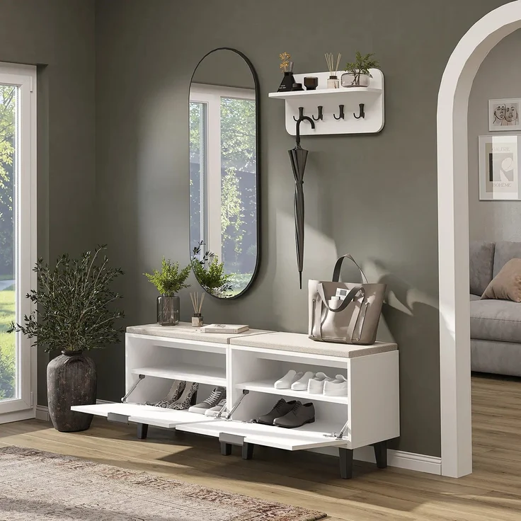 Roomart NORD Garderobenset 4-teilig – 2 Sitzbänke mit Schuhklappe, Wandgarderobe & ovaler Spiegel – Flurgarderobe – H 53 x B 73.6 x T 35 cm (Sitzbank) • Weiß – Bild 3