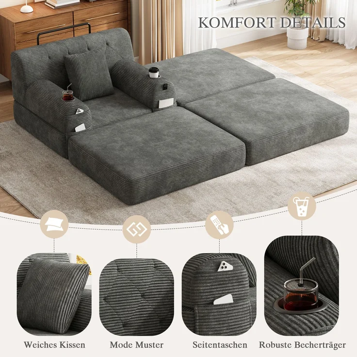 ZUBALIYA Schlafsofa 162x81 cm, mit Stauraum, mit Samtbezug, mit Cordbezug, mit Knopfheftung, mit breiten Armlehnen, Dunkelgrau – Bild 5