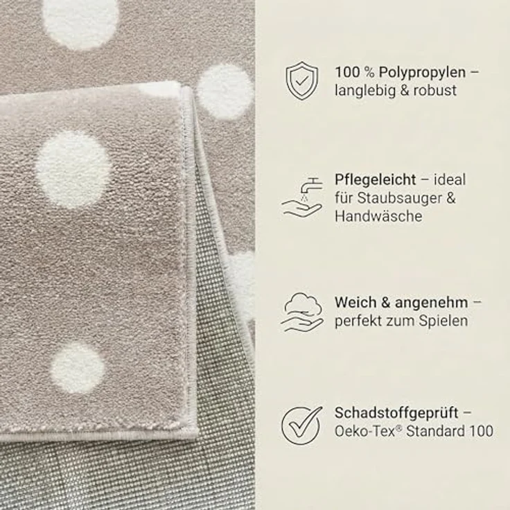 Jimri Kinderteppich DOTS l Pünktchen Gepunktet l Öko-Tex Siegel | Farbe: Beige Blau Rosa | Kinderzimmer/Jugendzimmer (Beige, 120x170 cm) – Bild 6
