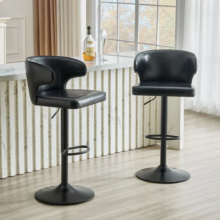 2er Set Barhocker mit Lehne Höhenverstellbar, 360° Drehbar Barstuhl mit Großem Sockel & Fußstütze, Modern Küchenhocker für Bar Küche Theke (Nur Stühle)--Schwarz3--49.7x45x110cm--YOUDENOVA – Bild 2