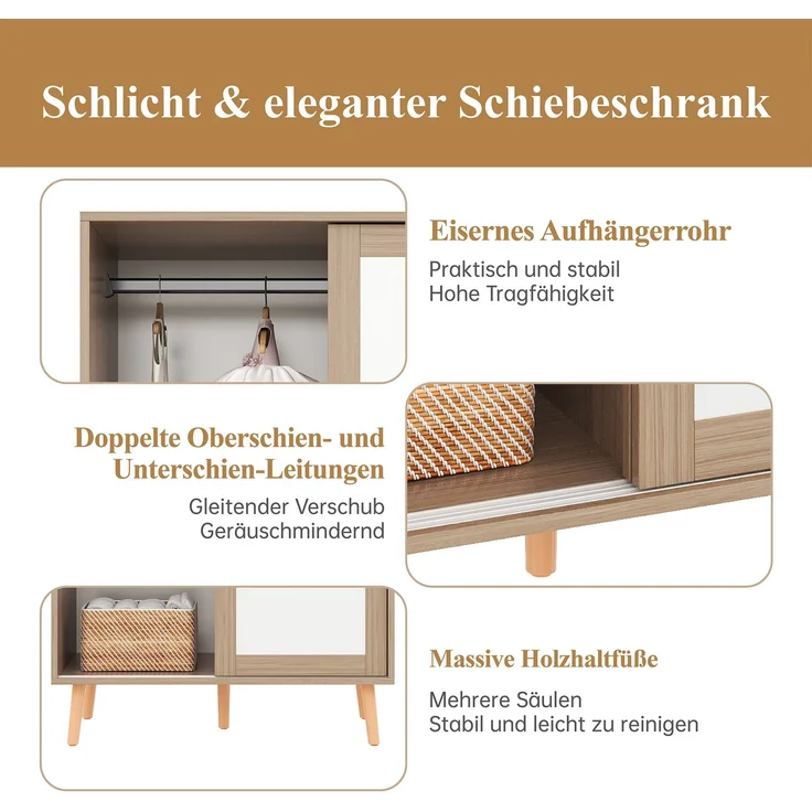 Kleiderschrank mit doppelten Schiebetüren, Kleiderstange, Ablageflächen, abriebfester Oberfläche, feuchtigkeitsbeständig – Bild 5