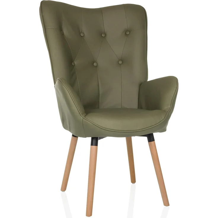 hjh LIVING Ohrensessel in Velour-Optik HAVENIO I Sessel für Wohnzimmer Schlafzimmer, Polsterstuhl mit Holzbeinen, Stoff Olivgrün