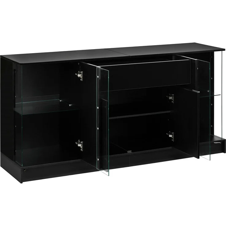 Sideboard 150x40x75 cm mit Glasvitrinen, Schublade und App-gesteuerter LED-Beleuchtung – Schwarz Hochglanz – Bild 6