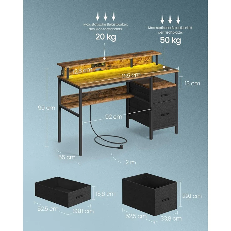 VASAGLE Schreibtisch mit Stoff-Schubladen, Computertisch mit Monitorständer, LED-Beleuchtung, 55 x 135 x 90 cm, eingebaute Steckdosen, 2 USB-A-Anschlüsse, für Homeoffice, vintagebraun LWD094K02 – Bild 6