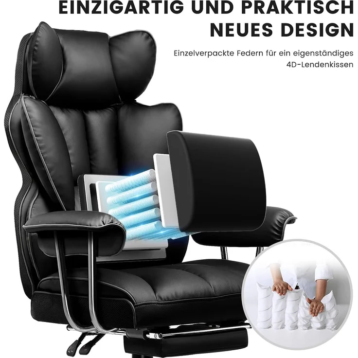 GTPLAYER Gaming Stuhl, Gamer Stuhl, Ergonomischer Bürostuhl mit Fußstütze, Kunstleder, Federsitzkissen, Gaming Chair Gepolstert, Gaming Sessel 180kg Belastbarkeit schwarz – Bild 3