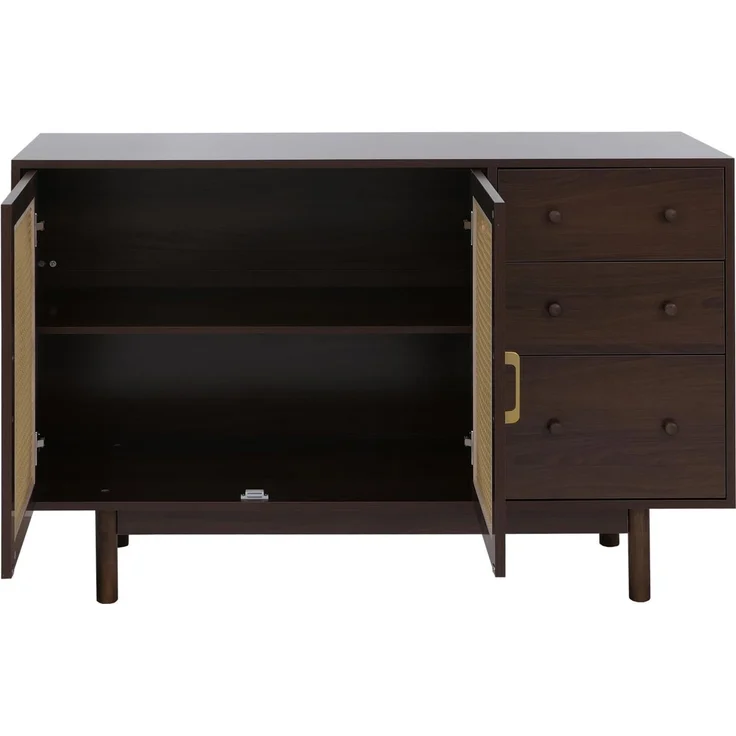 Sideboard HWC-P52, Schrank Kommode Highboard, Schubladen Staufächer, Poly-Rattan MDF Melamin 80x120x40cm ~ Walnuss-Optik – Bild 8