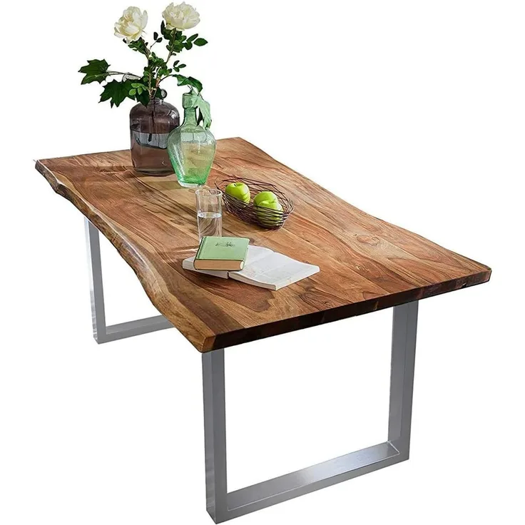 SAM Baumkantentisch 220x100 cm Quarto, Akazienholz massiv + nussbaumfarben lackiert, Esstisch mit Silber lackiertem U-Gestell, Esszimmertisch/Holztisch im Industrial-Design, Tischplatte 26 mm