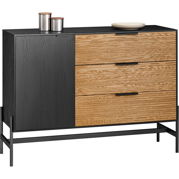 SoBuy Sideboard Hfsb02-Sch, Schwarz/Natur, 3 Schubladen, 114x83x40 cm, Holzwerkstoff und Metall, vielseitig einsetzbar für Wohnzimmer