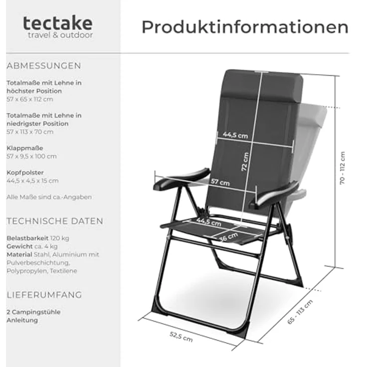 tectake® Essstühle Hochlehner, Gartenmöbel Set, Essstuhl 7-Fach verstellbar, Gartenstuhl, Campingstuhl, Balkon Möbel, Camping Stuhl, Gartenstühle - anthrazit, 2er Set – Bild 3