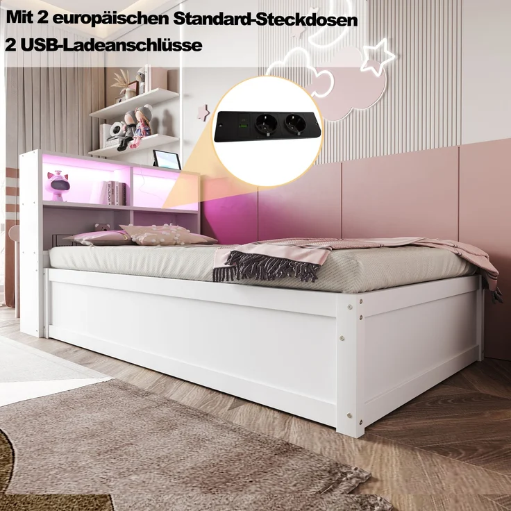 Bett 90x200 cm aus Massivholz mit Stauraum und LED-Beleuchtung – Bild 6