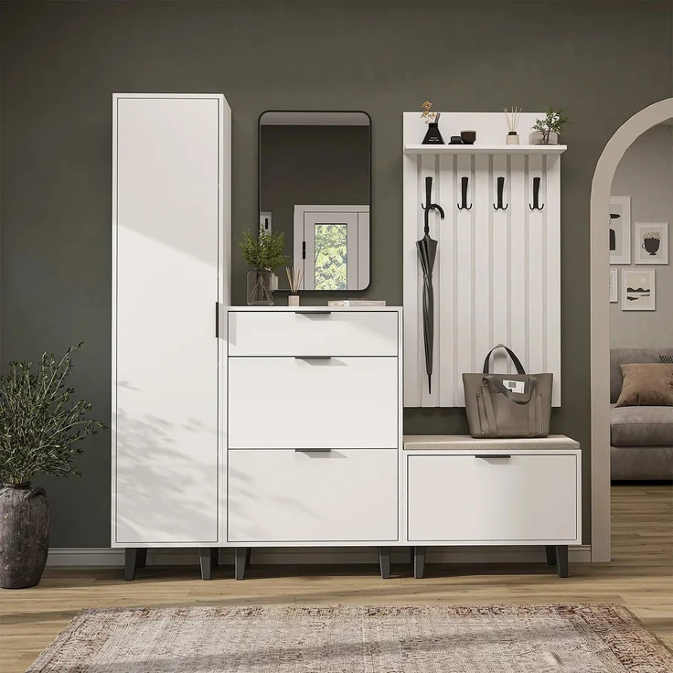 Roomart NORD Garderobenset 5-teilig – Hochschrank, Schuhschrank, Sitzbank, Garderobenpaneel & Spiegel – Flurgarderobe – H 199 x B 45 x T 35 cm (Hochschrank) • Weiß – Bild 2
