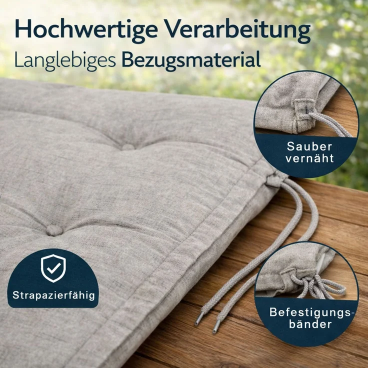 BURI 4x Hochlehner Auflage 117x49x6 cm - wetterfeste Gartenstuhlauflage mit Schaumkern & Vollvlies, Halteband & Bindebänder, bequemes Stuhlpolster für Balkon, Terrasse & Garten (Grau) – Bild 6