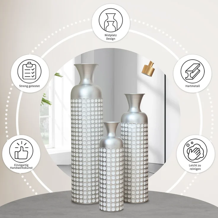 Metall Bodenvase Silber, 3er Set Moderne Hochglanz Vase mit Punktmuster, 49,5/66/84 cm Groß Dekovase für Wohnzimmer, Esszimmer, Flur, Deko für Trockenblumen und Pampasgras--Silber--92x24.5x24.5cm--YOUDENOVA – Bild 7