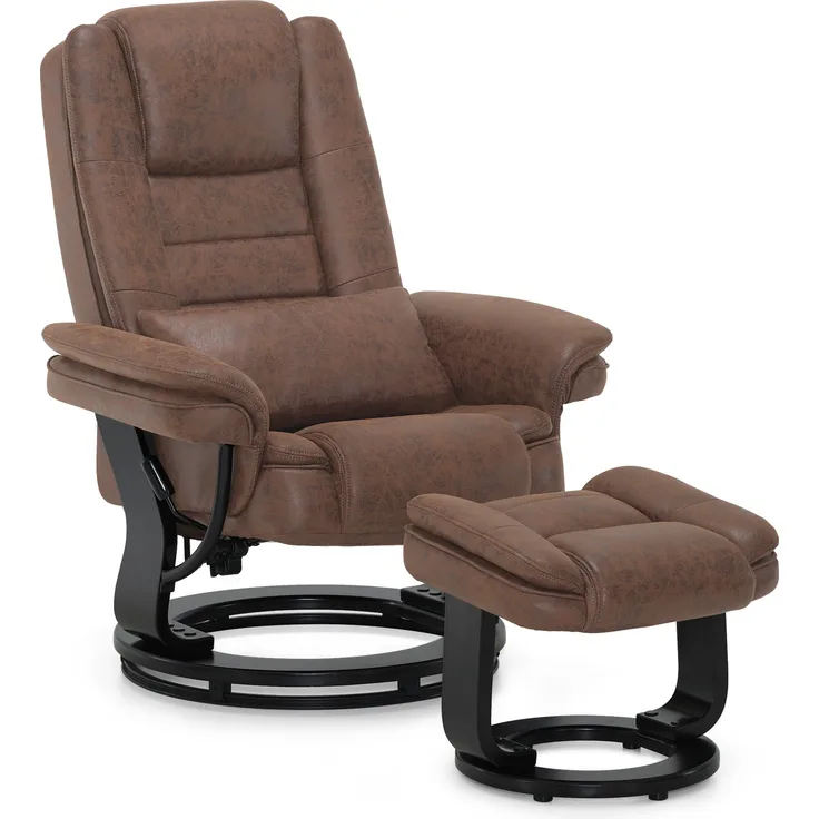 M MCombo Relaxsessel mit Liegefunktion, Lesesessel, 360° Drehbarer Fernsehsessel, mit Hocker, mit Kissen & Seitentasche, 9099 (Braun-Mikrofaser)