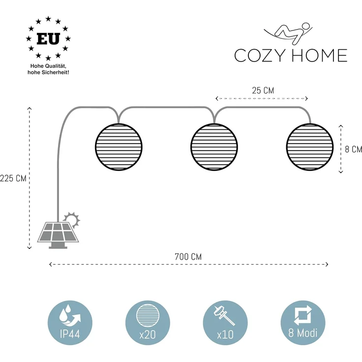 COZY HOME LED-Lichterkette Lampion Lichterkette - Batterie, Stecker und Solar, 20 Lampion LEDs I Timer-Funktion I 7 Meter mit 8 Mod I Wetterfest – Bild 3