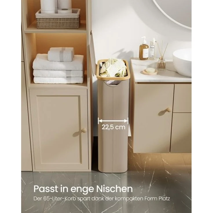 SONGMICS Wäschekorb mit Deckel und herausnehmbarem Wäschesack, zusammenklappbar, Bambus / Oxford-Gewebe kamelbraun, 65 l – Bild 3