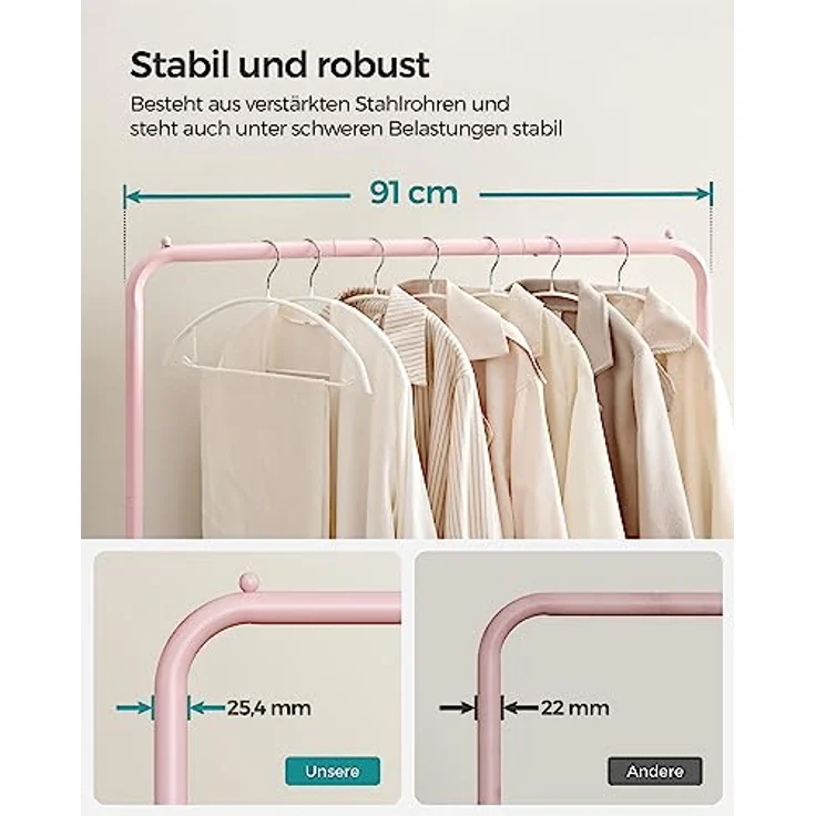 SONGMICS Kleiderständer, Kleiderstange auf Rollen, Garderobenständer Metall, Rollgarderobe 91 cm breit, mit Ablage, 2 Rollen mit Bremse, Garderobenstange bis 40 kg belastbar, pastellrosa HSR025P01 – Bild 5