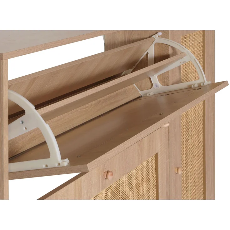 Rattan-Schuhkipper HWC-M37, Schuhregal Schuhschrank, 3 Kippfächer 2 Regalböden 127x120x24cm Holz Melamin ~ Eiche-Optik – Bild 6