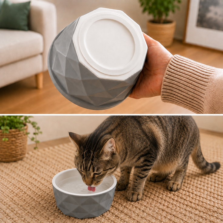 belviona Katzennapf aus Keramik, rutschfester Futter- & Wassernapf mit Silikonboden, robust & spülmaschinengeeignet, 350 ml, dunkelgrau/hellgrau matt – Bild 2