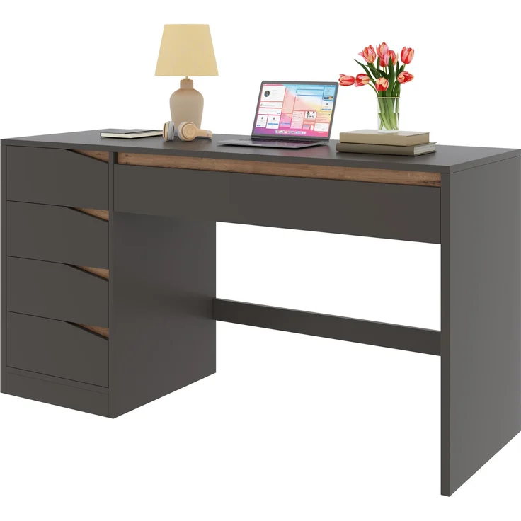 ZUBALIYA Schreibtisch 140x50 cm mit 5 Schubladen, Grau /Eiche-Optik, Moderner Computertisch mit extra großer Arbeitsfläche, Schminktisch mit Stauraum, Bürotisch für Homeoffice, Schlafzimmer und Arbeitszimmer – Bild 5