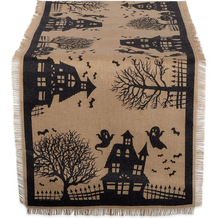 DII Halloween Primitive Stil Jute-Tischdekoration, gruseliges Spukhaus, Jute, Tischläufer, 14x113, Schwarz und Hellbraun