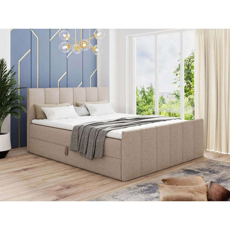 Boxspringbett Star Lux mit Fußteil, 2 Bettkästen und Matratzentopper - Doppelbett mit Topper, Bonell-Matratze, Polsterbett, Bett (Beige (Inari 22), 160 x 200 cm) – Bild 1