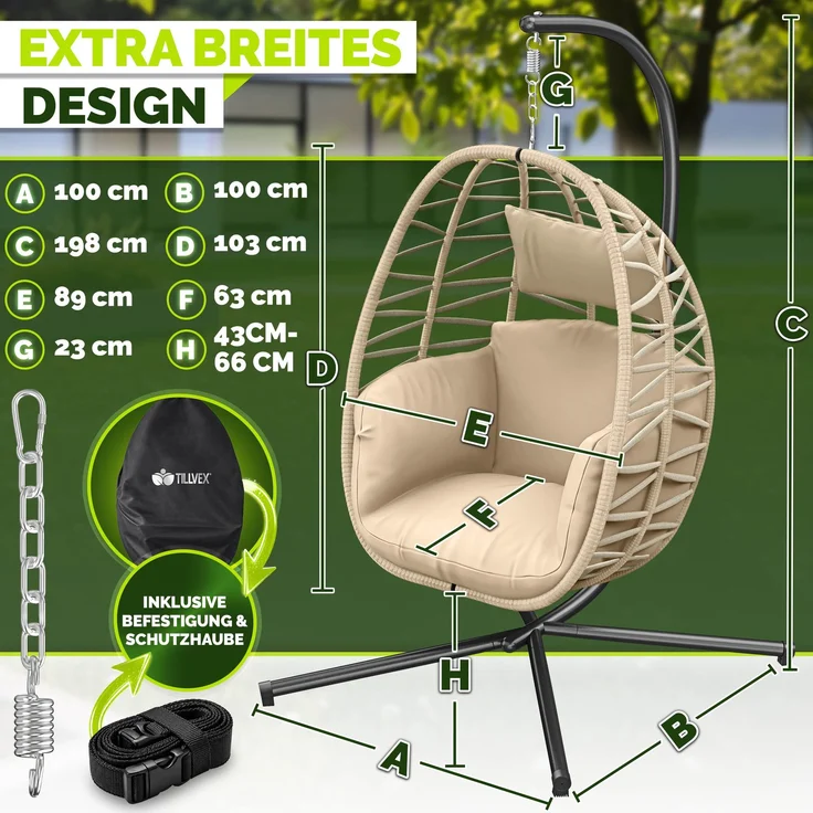 tillvex® Hängesessel mit Gestell Outdoor & wetterfester Abdeckung inkl. Befestigung | Hängekorb klappbar bis 150 kg | Hängesitz aus Rattan | Hängestuhl für Indoor Garten Balkon Terrasse – Bild 7