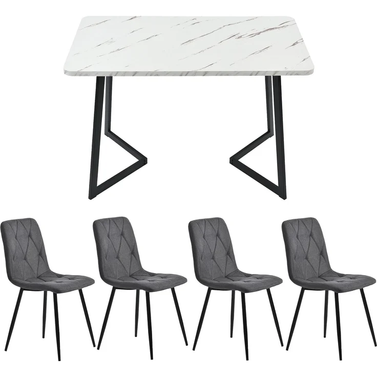Esszimmerstuhl Set,Esstisch mit 4 Schwarz Samtstühlen, moderner Küchentisch Set, rechteckiger Tisch mit Marmoroptik – Bild 4