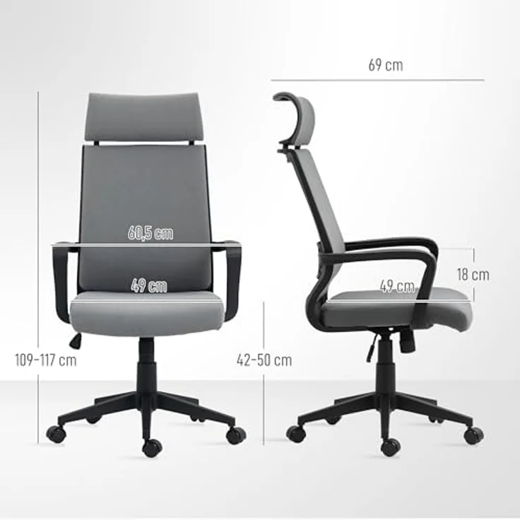 HOMCOM Bürostuhl, Ergonomischer Schreibtischstuhl mit Armlehne, Kopfstütze, Höhenverstellbarer Drehstuhl mit Wippfunktion, Computerstuhl mit Kunstwolle-Optik, Dunkelgrau – Bild 3