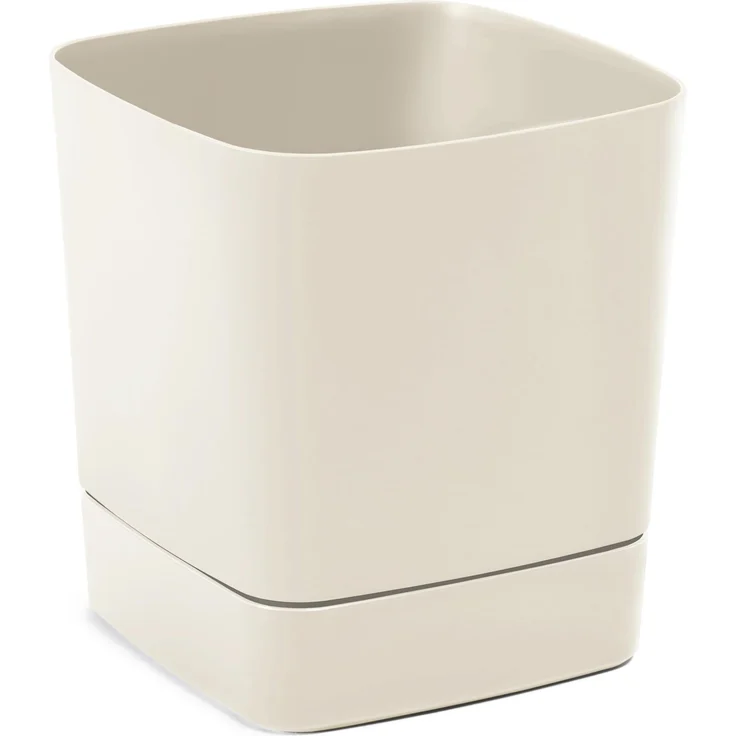 LAMELA Pflanzkübel Quadratisch mit Integriertem Untersetzer - 34x34 cm x H 36,5 cm, 28 L - Leichter & wetterfester Kunststoff - Für Innen & Außen - Beige