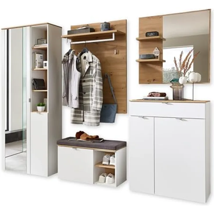 XXXL Garderobe Bari, 5-teilig in Weiß und Eiche Artisan, mit Glas, Textil und Holzwerkstoff, 264x202x38 cm, inkl. Spiegelflächen und Sitzgelegenheit
