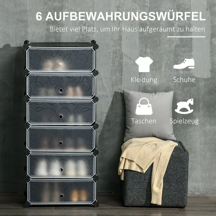 HOMCOM Schuhregal Modulares Regalsystem für 6 Paar Schuhe, Schuhregal 1-tlg, Kunststoff Stahl Schwarz+Weiß 49 x 36,5 x 108 cm – Bild 3