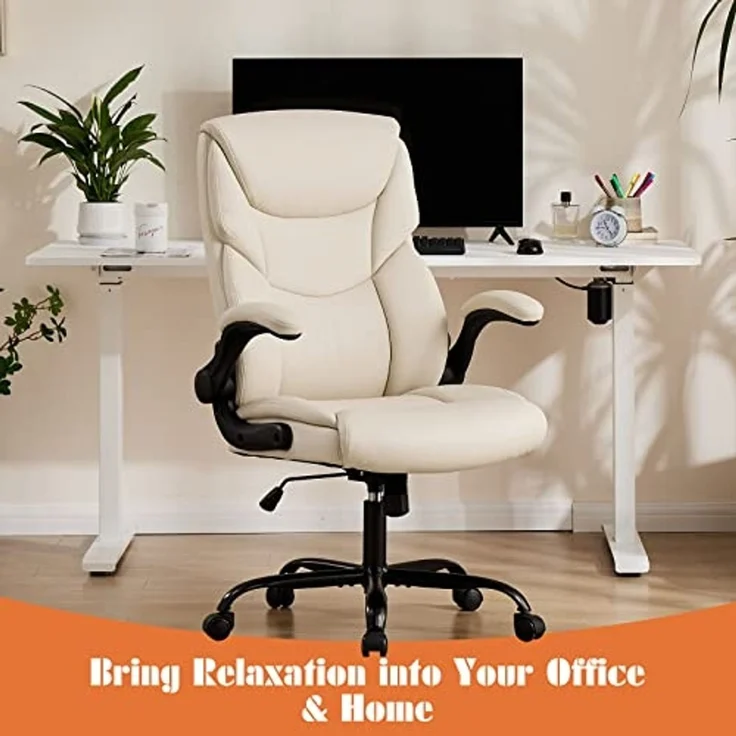 Sweetcrispy Bürostuhl, Ergonomisches Pu-Leder Chefsessel, mit Hochklappbaren Armlehnen, Bürostuhl Leder mit Drehbaren Rädern, Geeignet für Büros, Zuhause und Andere Umgebungen (Weiß) – Bild 7