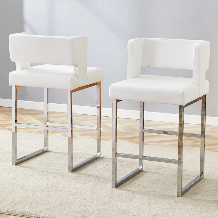 2er-Pack-Barstühle im nordischen Stil mit modernem quadratischem Design, silbernen Metallbeinen und einem leichten und bequemen Set. Erhältlich in mehreren Farben.--Weiß+Silber--91.4x53.3x48cm--YOUDENOVA – Bild 2