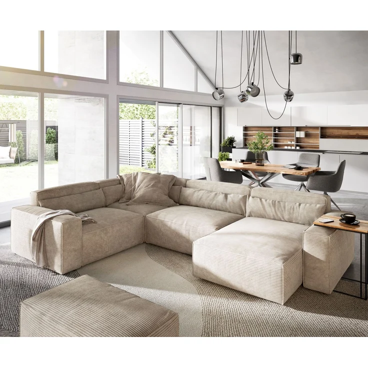 Wohnlandschaft Sirpio 300x210 cm Cord Beige Recamiere variabel mit Hocker – Bild 1