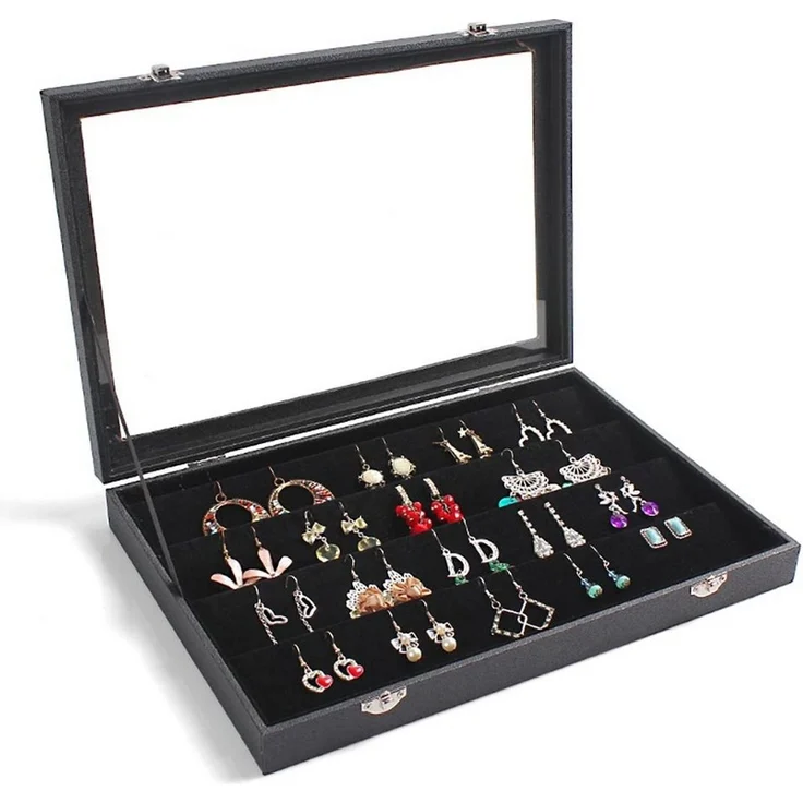 Sinoba Schmuckkasten Schmucklade Schmuckkästchen Schmuckbox für Ringe Ketten Ohrringe, Holz-Korpus, Velours-Bezug, mit Echtglas-Deckel