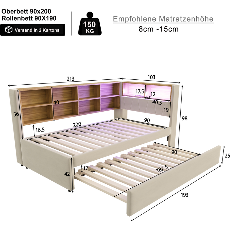 Bett 90x200 cm mit Ausziehbett 90x190 cm, Flanellbezug in Beige, mit Stauraum und LED-Beleuchtung – Bild 10