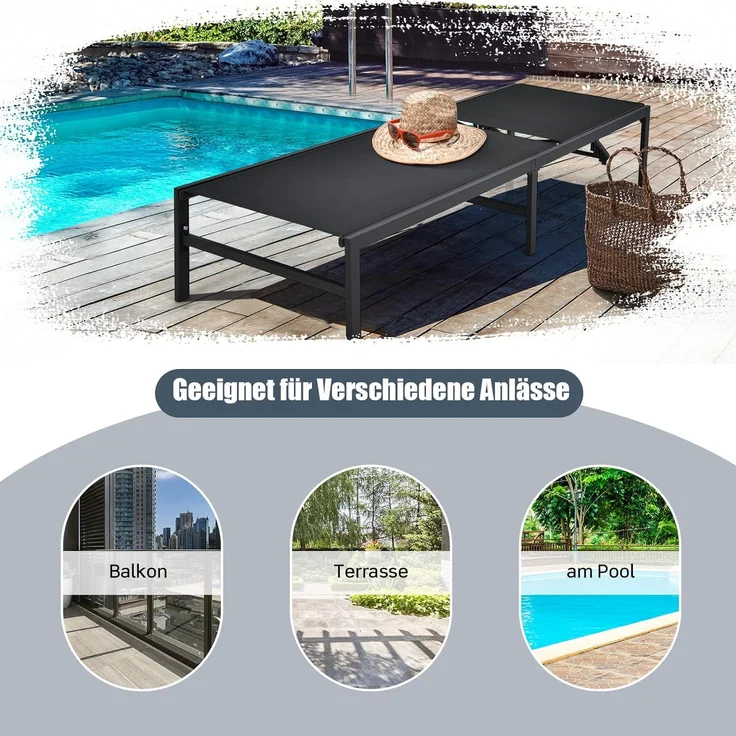 COSTWAY Sonnenliege mit 6-stufig verstellbarer Rückenlehne 150kg belastbar, Stahl/Stoff schwarz, 64 x 198 x 67-103 cm (L x B x H) – Bild 8