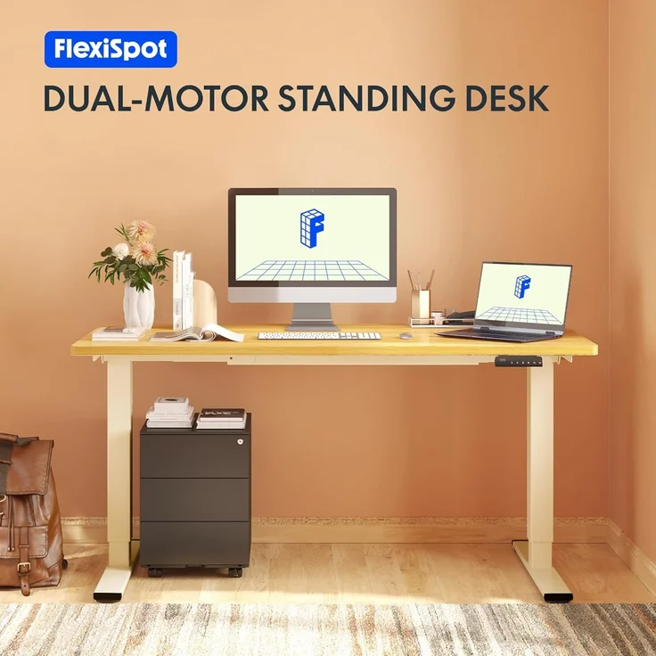 FLEXISPOT Höhenverstellbarer Schreibtisch 160x80 cm mit 2 Motoren & 25MM einteiliger Tischplatte,ergonomischer Bürotisch - Ahorn, Mousseweiß Gestell – Bild 2